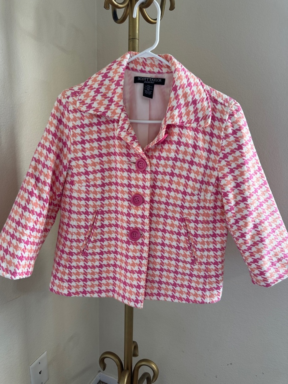 Girls' Pink Houndstooth Coat Jacket